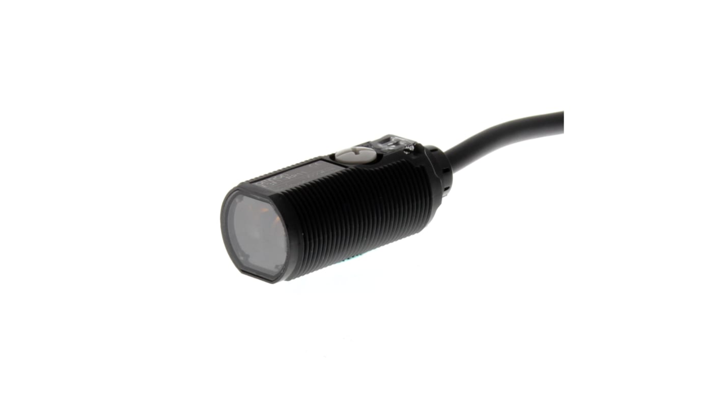 Omron E3F1-RN11 2M, sensore fotoelettrico cilindrico a retroriflessione, rilevamento 100-3000 mm, uscita NPN, cavo 2 m.