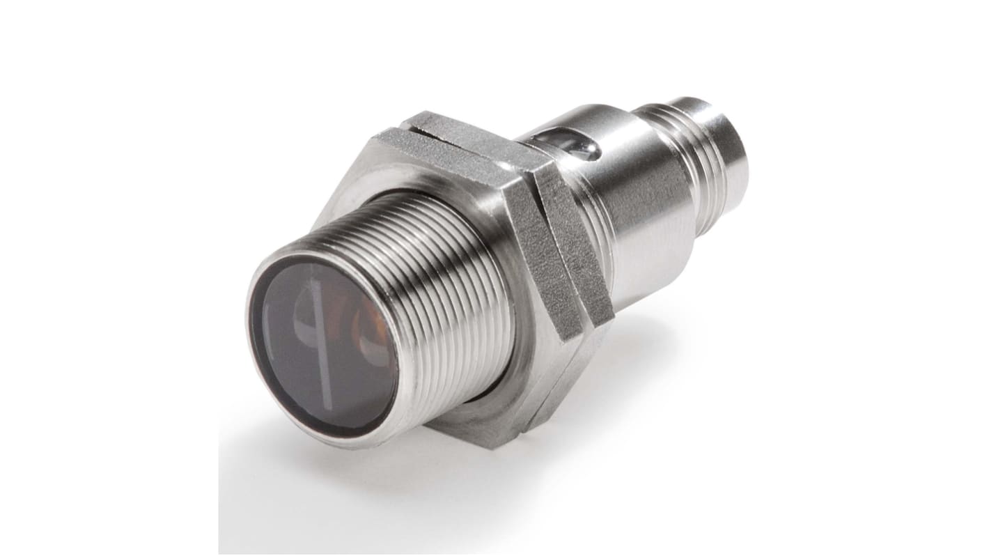 Sensore fotoelettrico cilindrico Omron E3FC-DP25, rilevamento fino a 300 mm, uscita PNP, connettore M12, contenitore in acciaio.