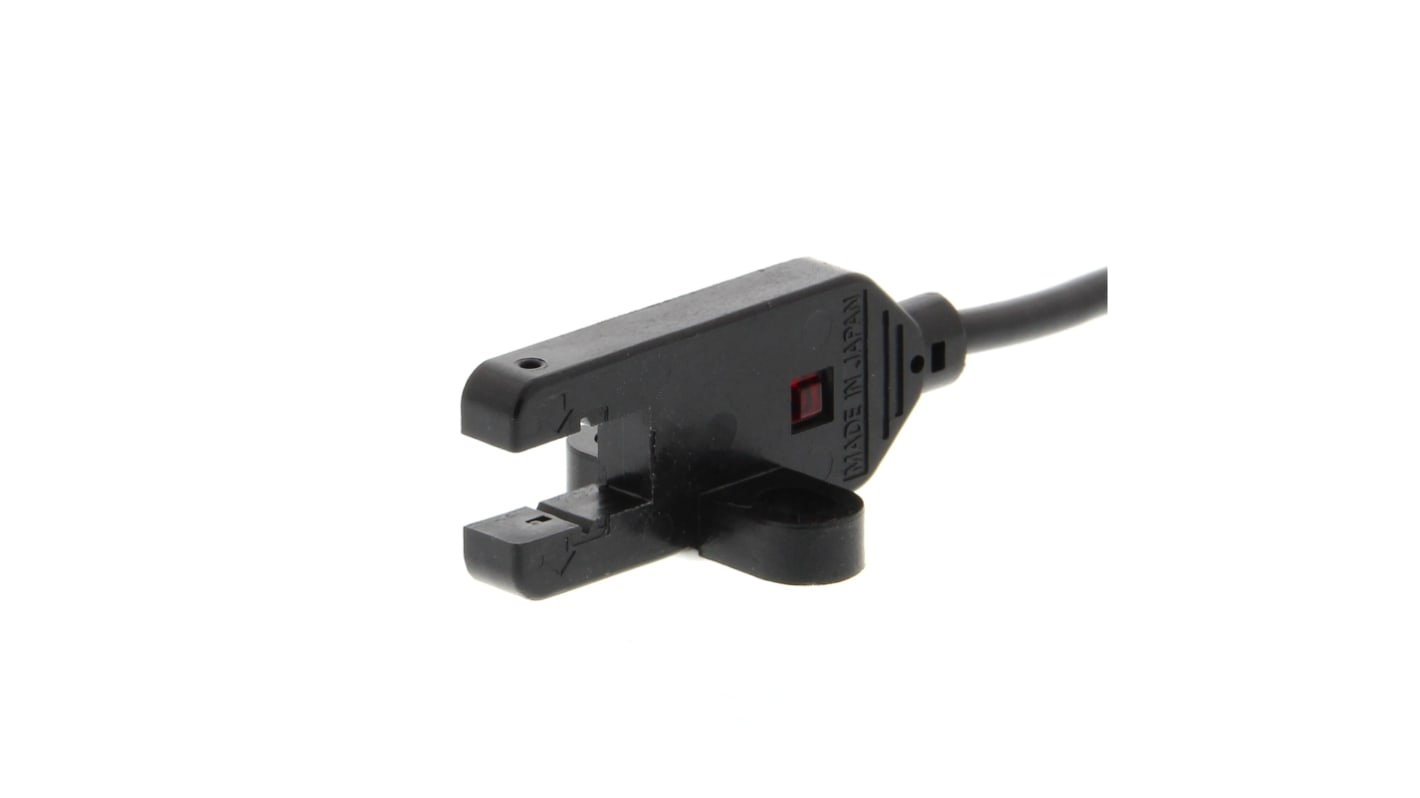 Sensore fotoelettrico Omron EE-SX772P a forma di T, rilevamento a 5 mm, uscita PNP, montaggio compatto con indicatore visibile.