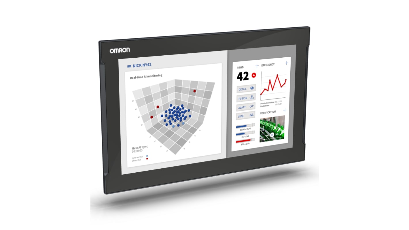 Monitor industriale Omron NYM19W-C1000 da 18,5 pollici, touch screen multitouch, montaggio semplice e retroilluminazione regolabile.