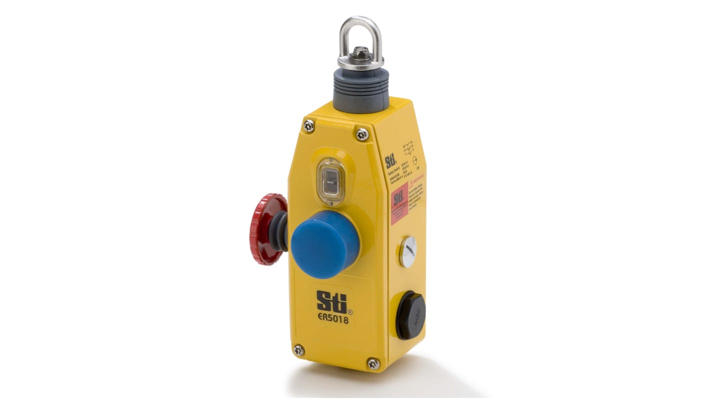 Interruttore a fune di sicurezza Omron ER5018-030M, custodia in alluminio, 3 contatti NC, cavo 40m, protezione IP 67. Dimensioni 57 x 74 x 188mm.