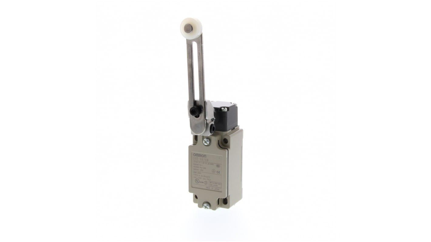 Interruttore di fine corsa Omron D4B-2116N con leva regolabile, protezione IP67, corrente 10A, tensione 400V.