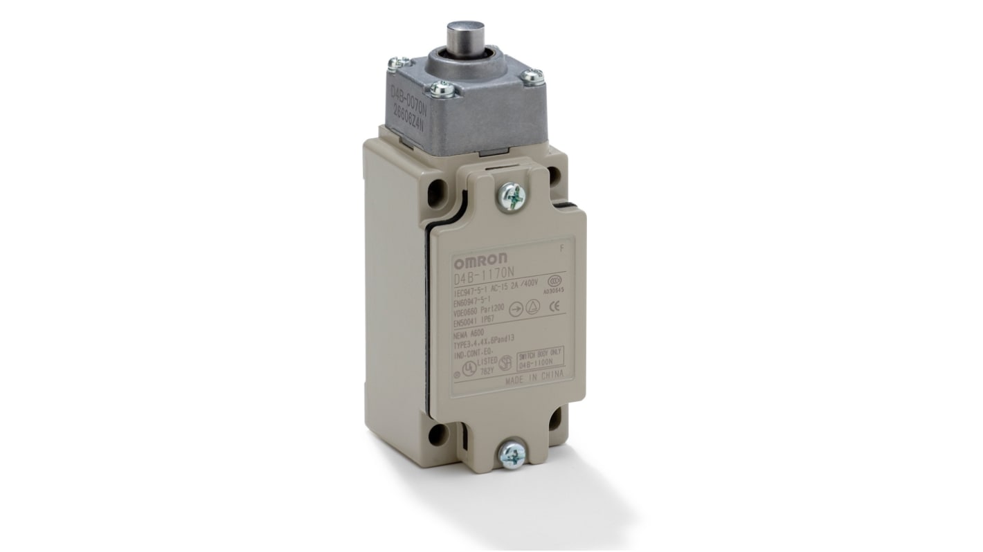 Interruttore di fine corsa Omron D4B-4170N, stantuffo, 1NC/1NA, IP67, 10A, 400V, struttura in metallo.