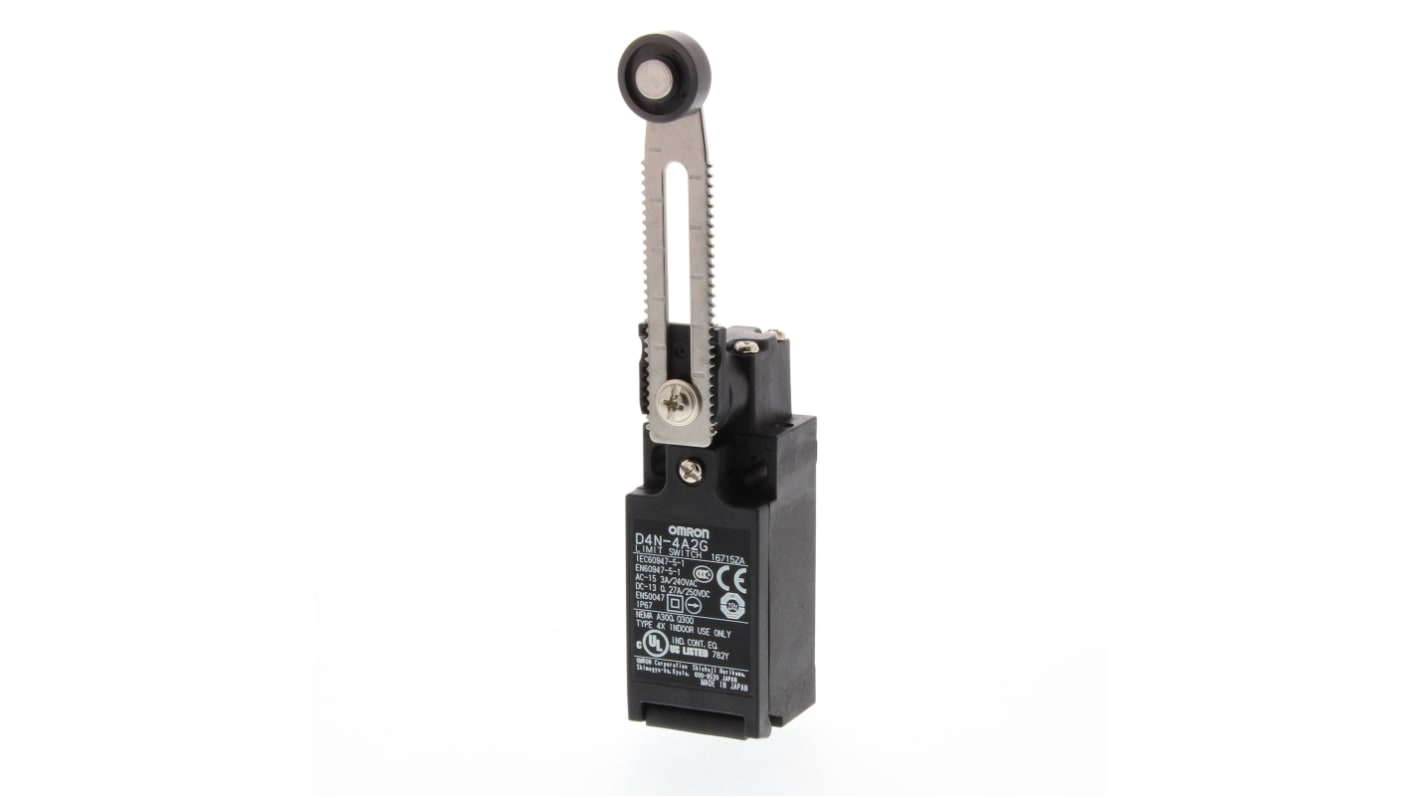 Interruttore di fine corsa Omron D4N-422G con leva regolabile, protezione IP67, corrente 10A, tensione 240V, custodia metallica.