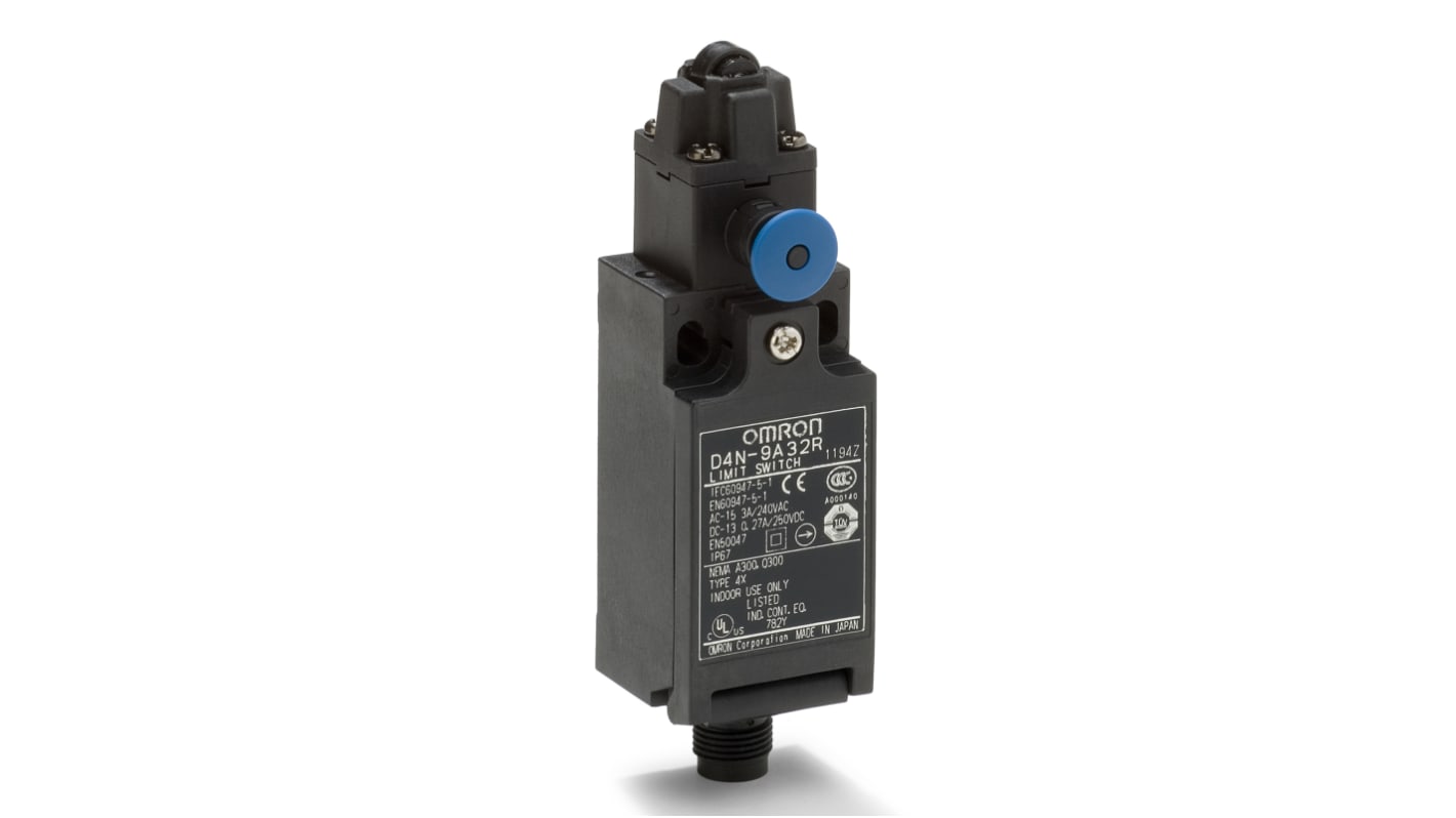 Interruttore di fine corsa Omron D4N-4A32R con leva a rullo, contatti 1NC/1NA, protezione IP67, custodia metallica.