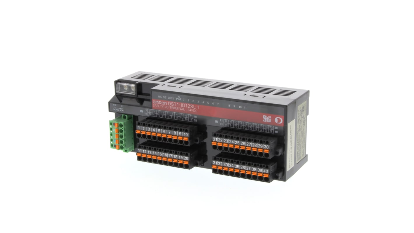 Modulo I/O DeviceNet Omron DST1-ID12SL-1, 12 ingressi PNP, 4 uscite, alimentazione 26,4 V, con LED per diagnostica avanzata.