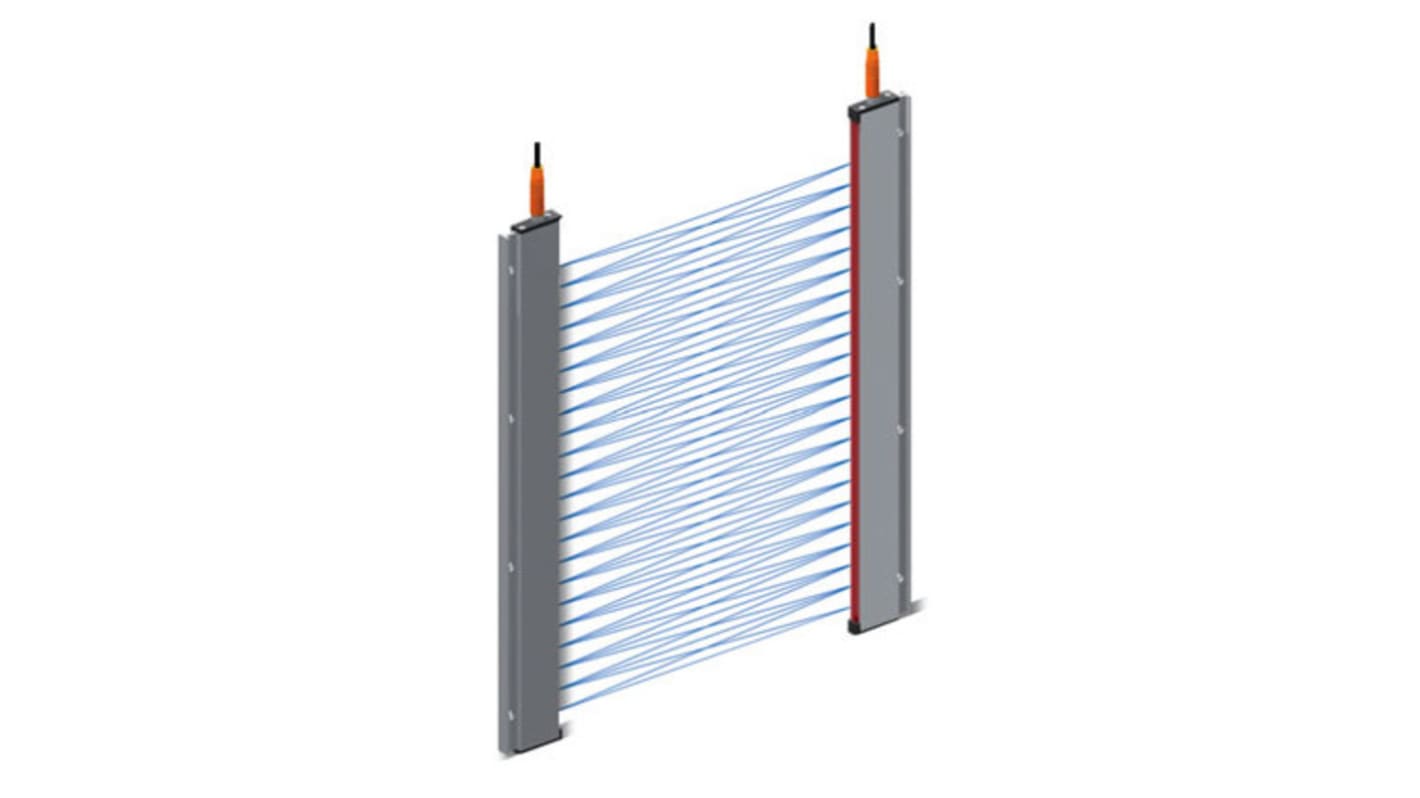 Barriera fotoelettrica Omron F3E-06-T6, con area di rilevamento di 200 mm, composta da ricevitore e trasmettitore.