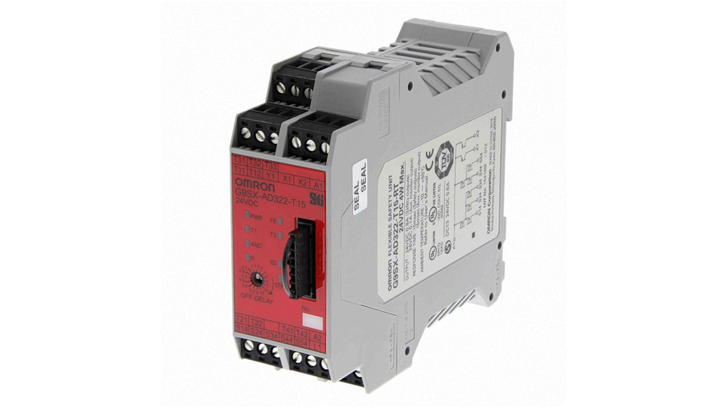Relè di sicurezza Omron G9SX-AD322-T15-RT, 24V, 3 contatti di sicurezza, 2 contatti ausiliari, certificato TUV SUD.