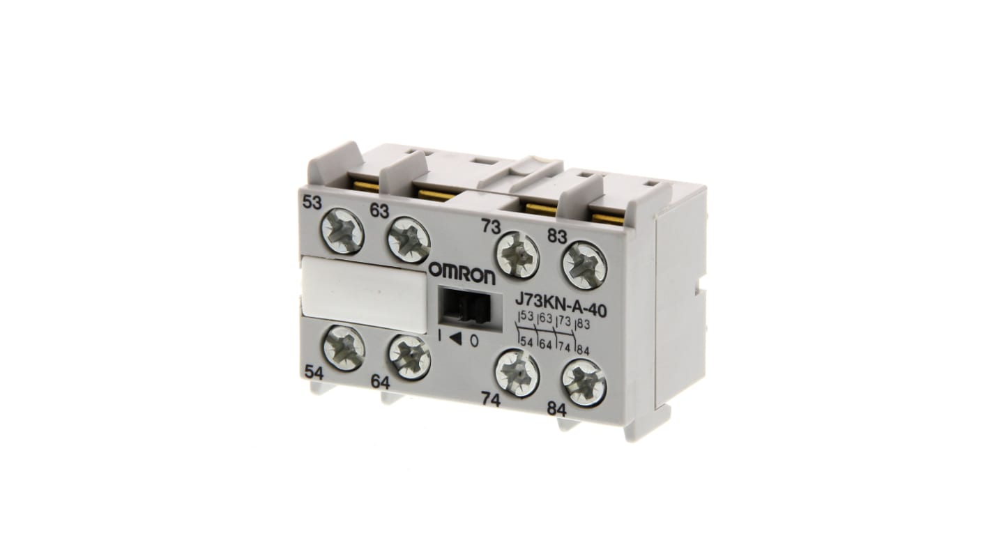 Modulo contatti Omron J73KN-A-40, 4 contatti NA, montaggio su guida DIN, corrente 10 A, tensione 400 V. Compatibile con relè J7KNA-AR.