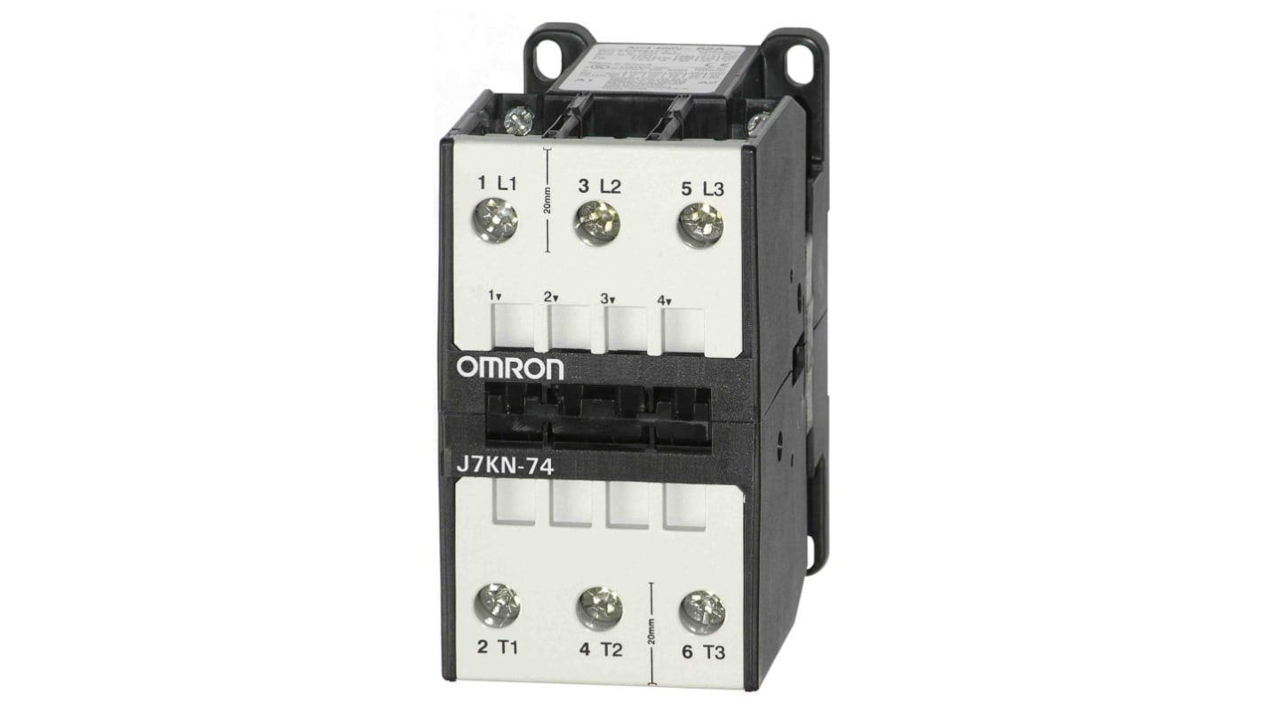 Contattore Omron J7KN-74 230, 3 poli, alimentazione 230 V c.a., corrente nominale 74 A, potenza 37 kW.