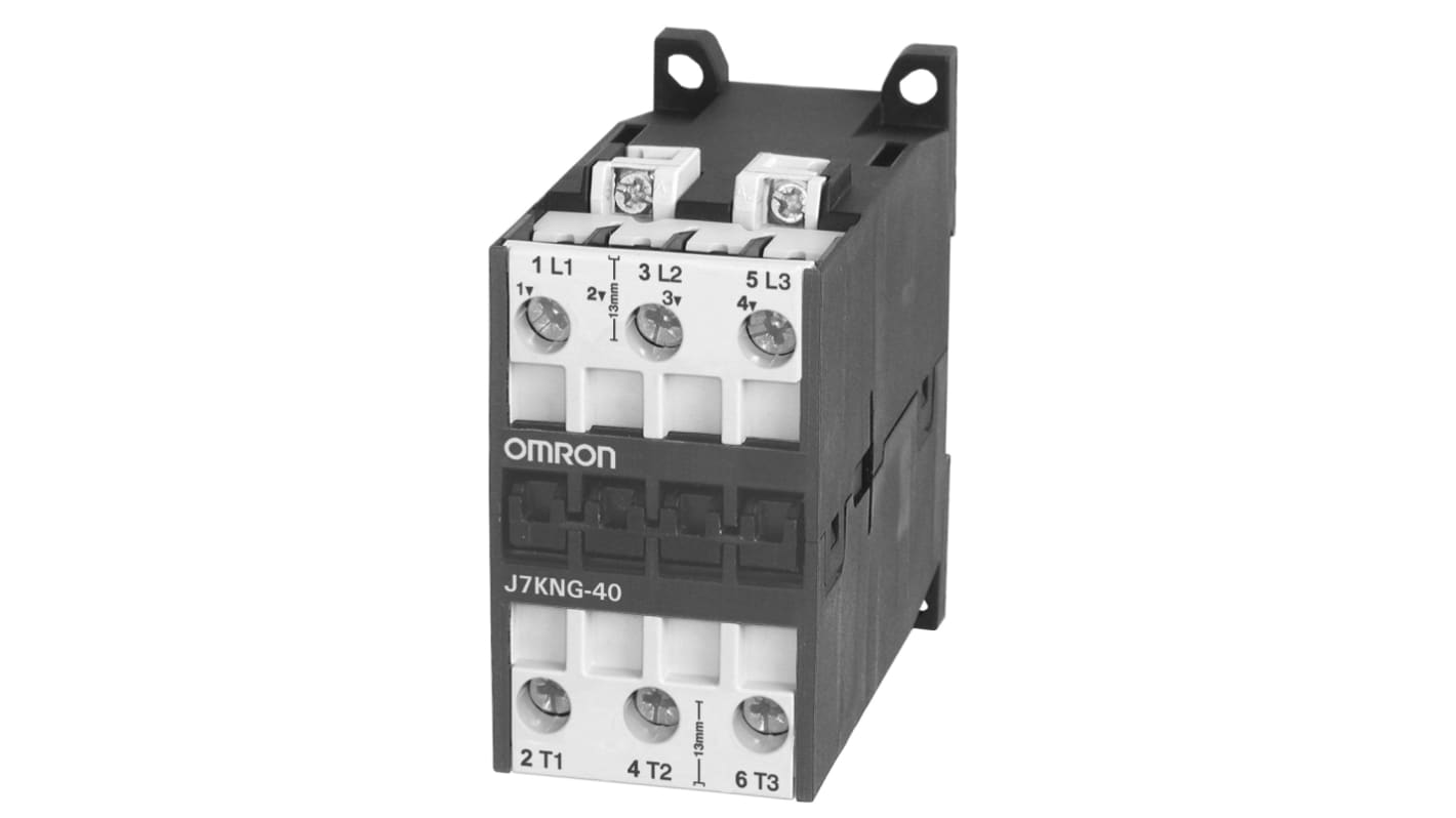 Contattore Omron J7KNG-40 24D, 3 poli, 40 A, bobina 24 V, potenza nominale 18,5 kW, conforme agli standard globali.
