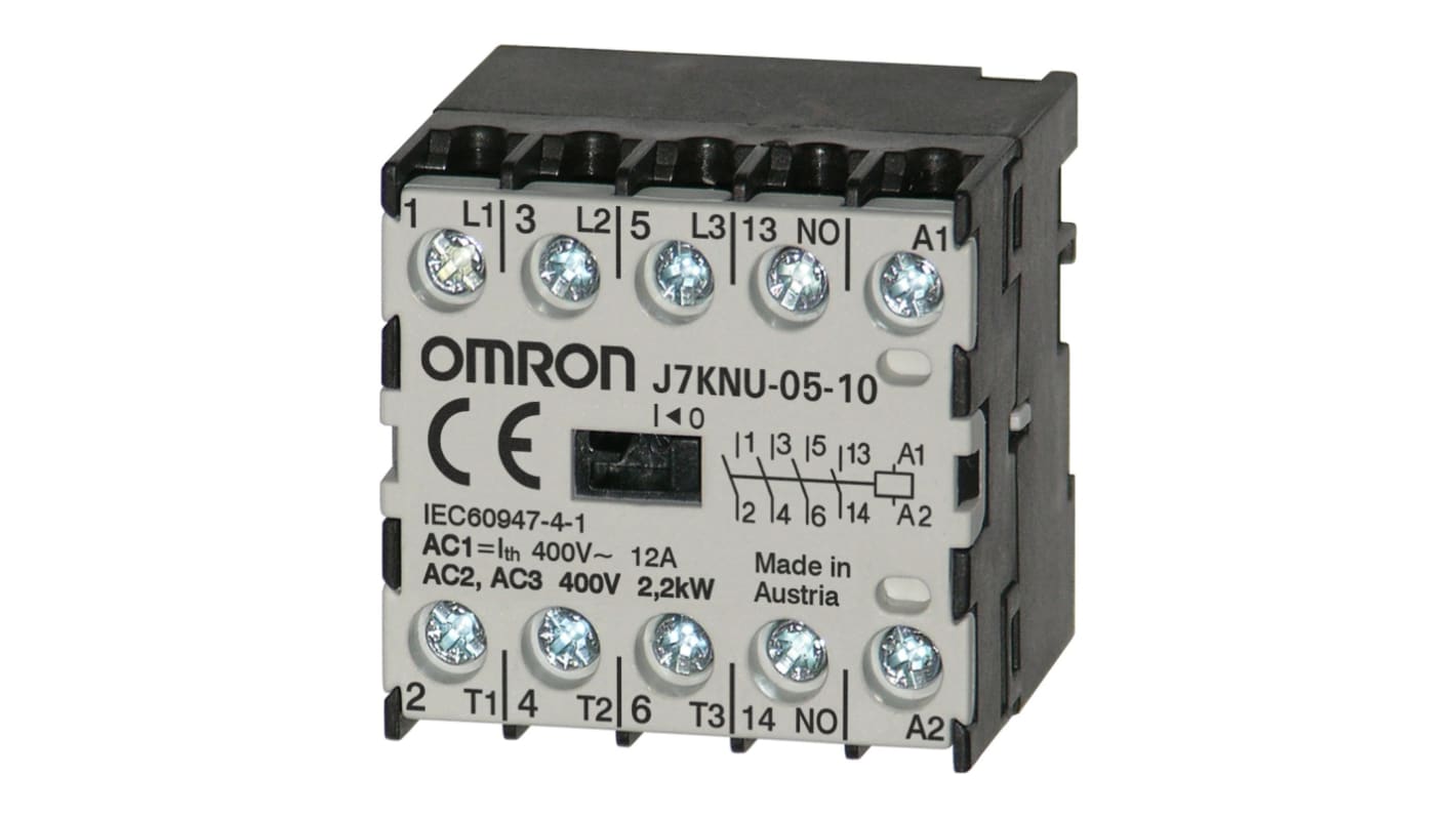 Contattore Omron J7KNU-05-10 24, 3 poli, 5 A, 2,2 kW, tensione bobina 24 V, con contatto ausiliario integrato.