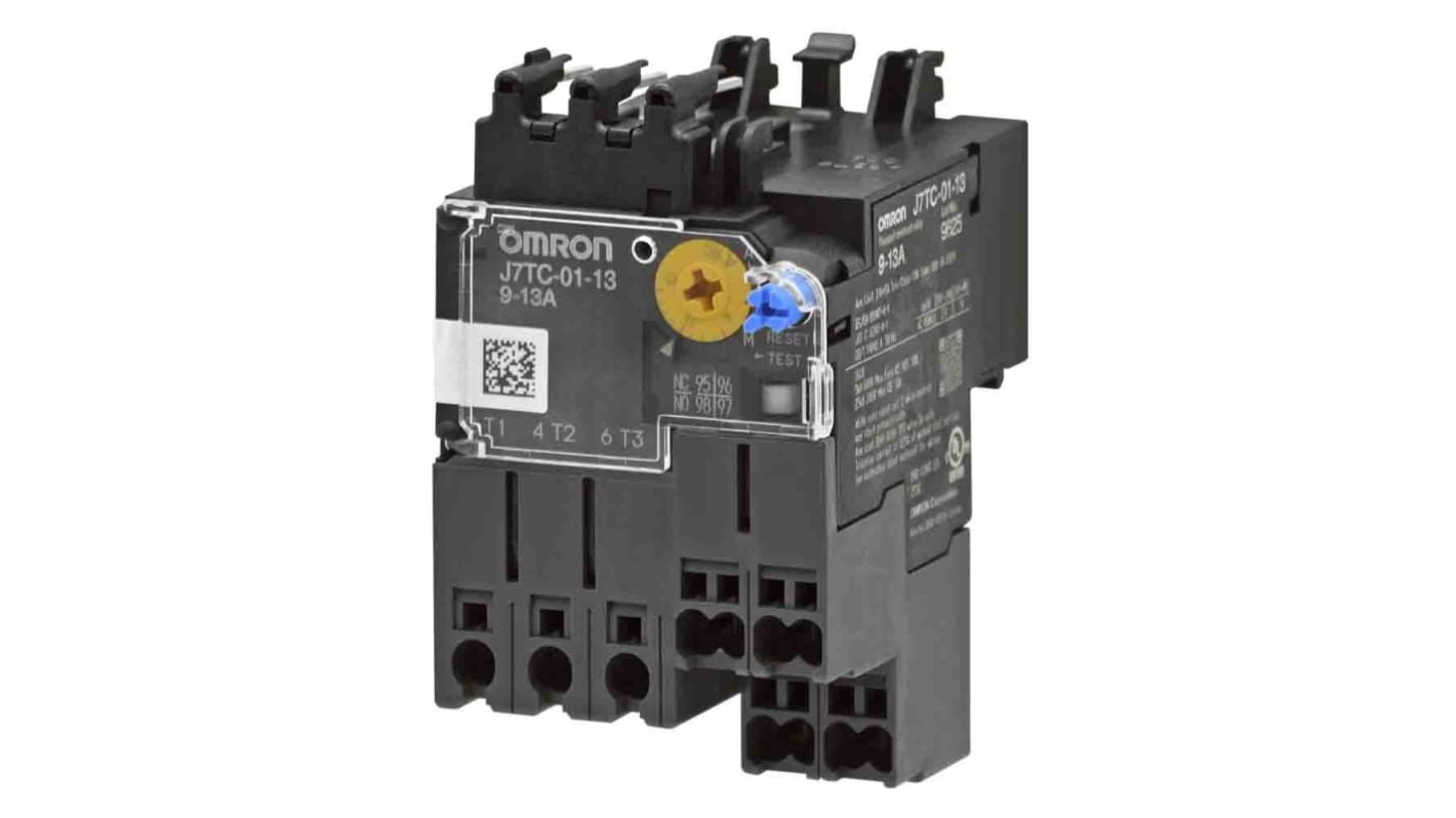 Relè contattore Omron J7TC-01-2E6, 1 NO + 1 NC, corrente 1,7-2,6 A, dimensioni 79,5 x 45 x 55,5 mm.