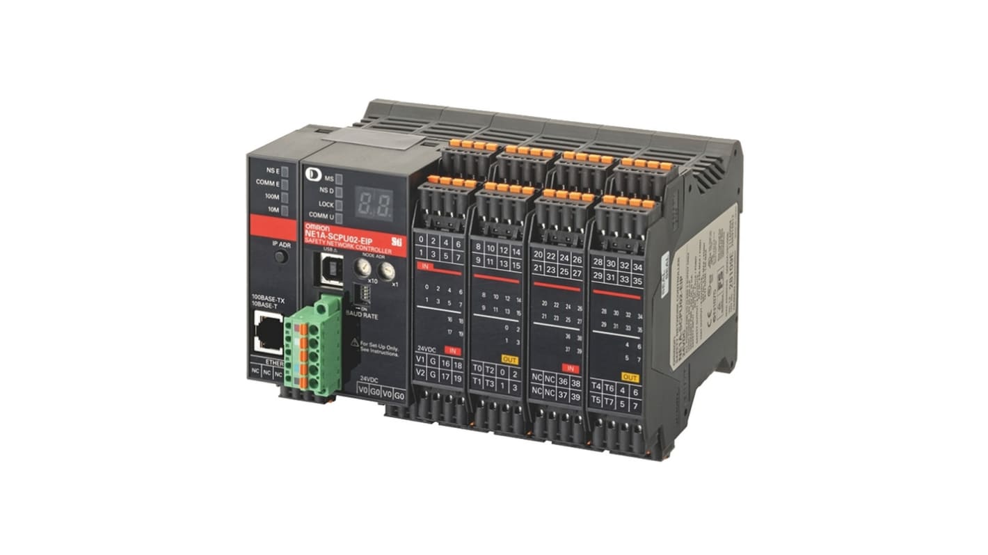 Controller di sicurezza Omron NE1A-SCPU02-EIP VER1.0, 48 I/O, 24 V, display LED per diagnostica, facile installazione.