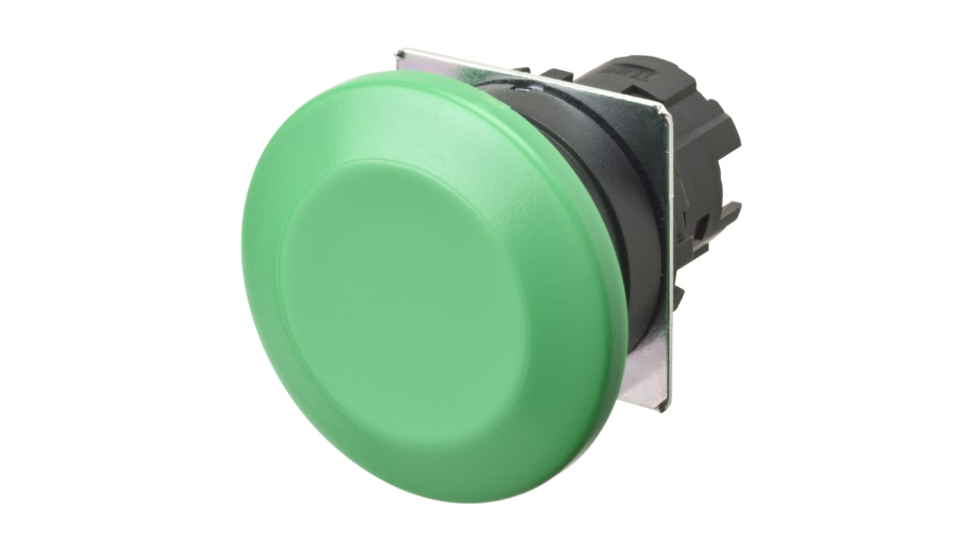 Attuatore pulsante instabile Omron A22NZ-BMM-NGA, diametro foro 22mm, colore verde, design compatto a testa a fungo.