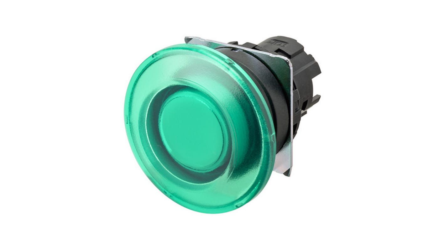 Attuatore pulsante instabile Omron A22NZ-BMM-UGA, diametro foro 22mm, colore verde, design compatto a testa a fungo.