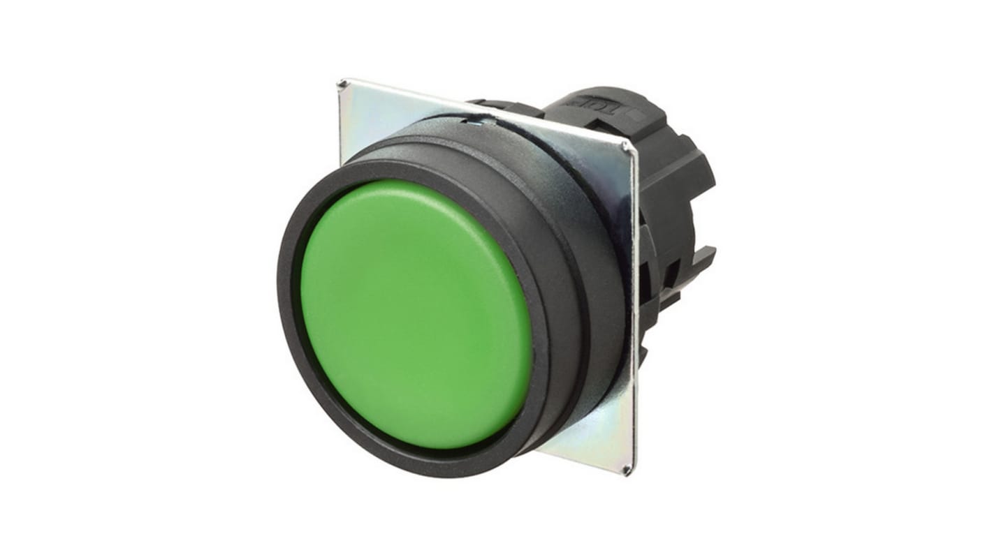 Attuatore pulsante instabile Omron A22NZ-BNM-NGA, diametro foro 22 mm, colore verde opaco, design compatto.