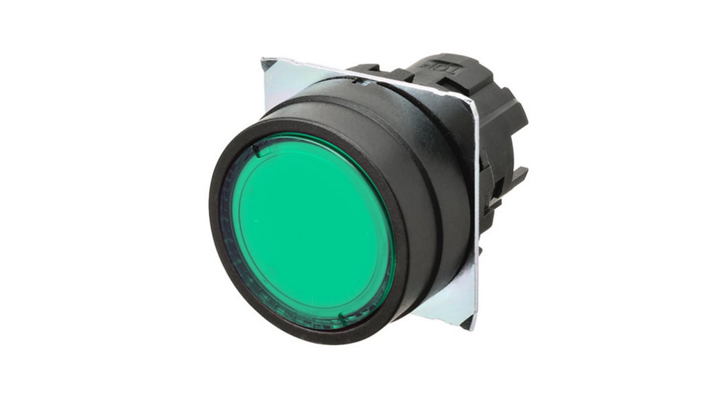 Omron A22NZ-BNM-TGA, attuatore pulsante instabile verde trasparente, diametro foro 22mm, design compatto.