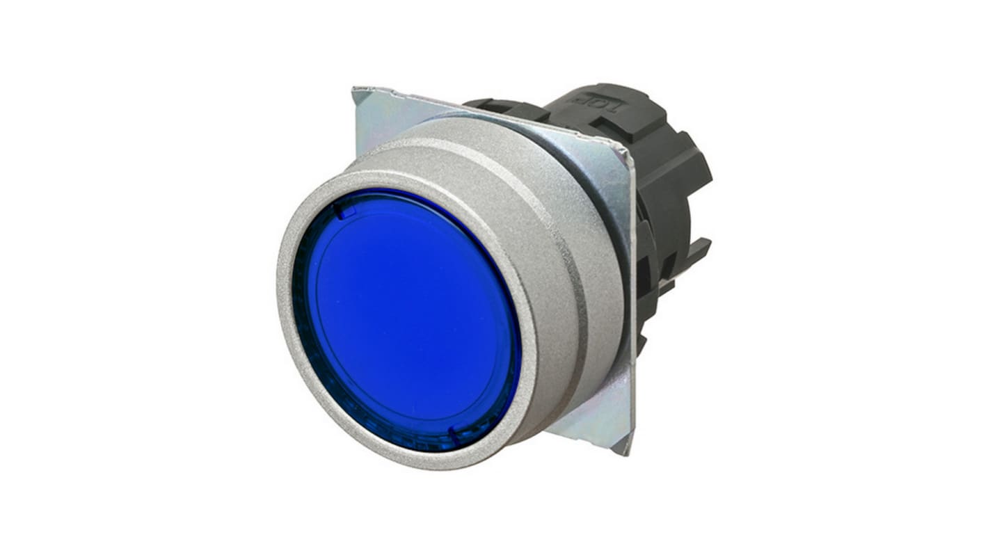 Attuatore pulsante instabile Omron A22NZ-MNM-TAA, rotondo, blu trasparente, diametro foro 22mm, cornice in metallo.