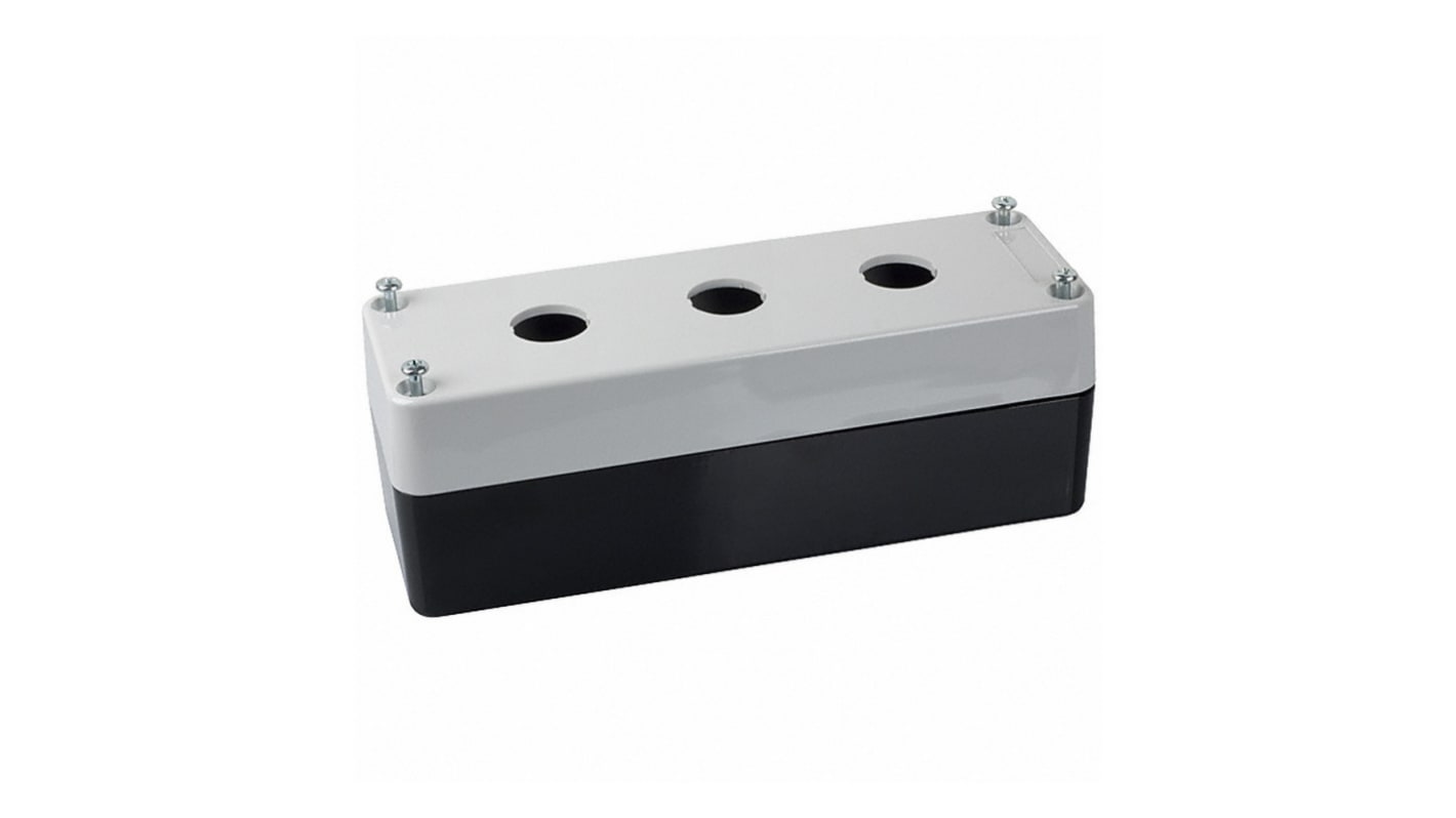 Contenitore Omron A22Z-B103 con tre fori da 22mm, colore bianco/nero, per applicazioni industriali affidabili.
