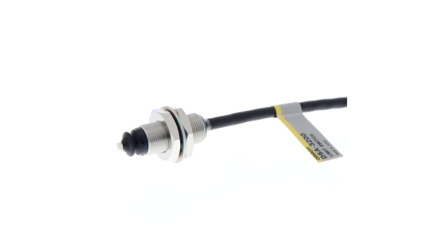 Interruttore di fine corsa Omron D5A-3200, pistoncino NC, IP67, custodia metallica, precablato 1m, dimensione M8.
