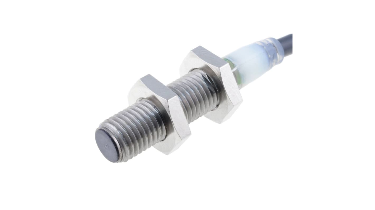 Sensore di prossimità induttivo cilindrico Omron E2A-S08KS02-WP-D2 2M, corpo in acciaio inox, cavo 2 m, uscita PNP, IP67.