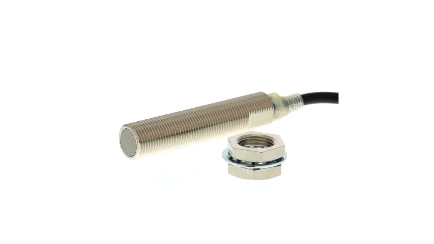 Sensore di prossimità induttivo cilindrico Omron E2E2-X2Y1 2M, M12 x 1, uscita NO, rilevamento 2 mm, cavo 2 m, IP67.