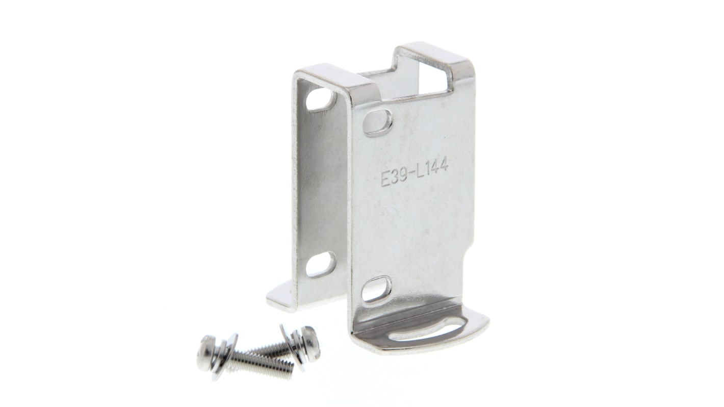 Staffa di montaggio Omron E39-L144 per sensori E3Z, compatta e resistente alle intemperie, per installazioni affidabili.
