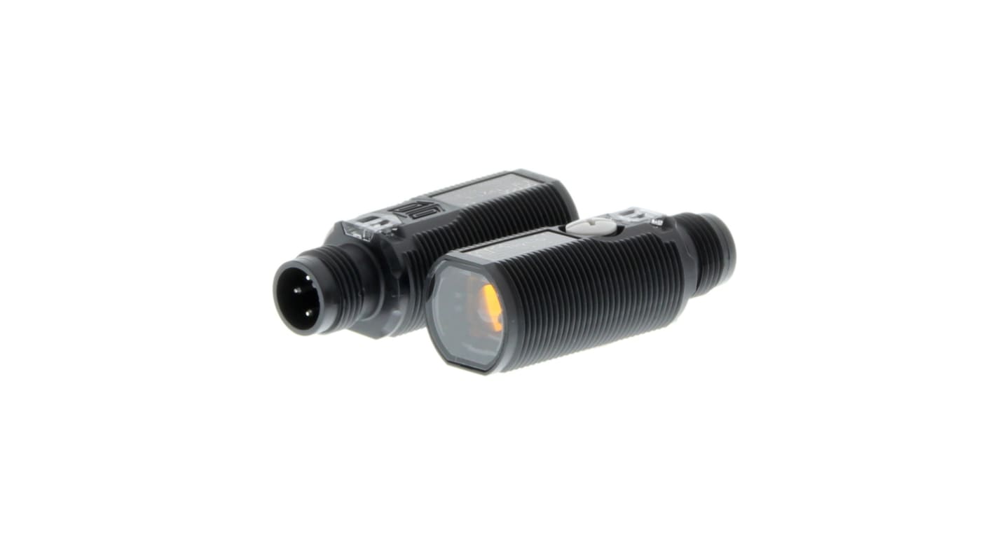 Sensore fotoelettrico cilindrico Omron E3F1-TN21, rilevamento fino a 15 m, uscita NPN/PNP, con connettore M12, dimensione M18.