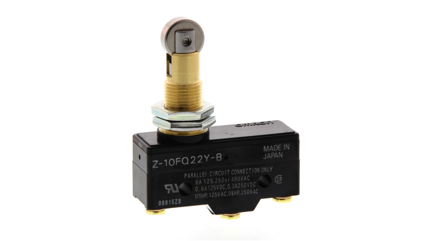 Interruttore Omron Z-10FQ22Y-B, attuatore a stantuffo SPDT, montaggio a pannello, corrente 10A, tensione 240V.