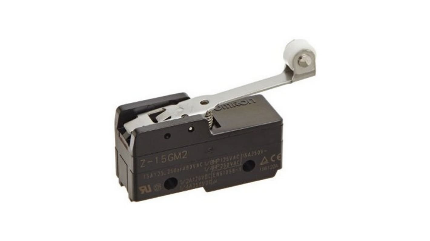Interruttore Omron Z-15GM2, leva con rotella, 1NC/1NA, corrente 15A, tensione 240V, design compatto e sicuro.