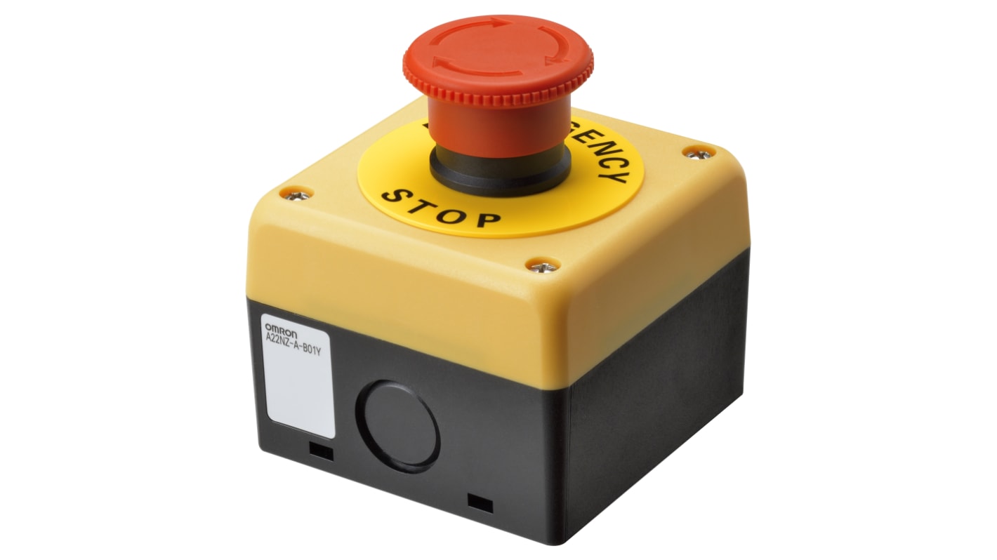 Pulsante di controllo Omron A22NE-M-P002-N-B, rosso, diametro 40 mm, grado di protezione IP65, attivazione a rotazione.
