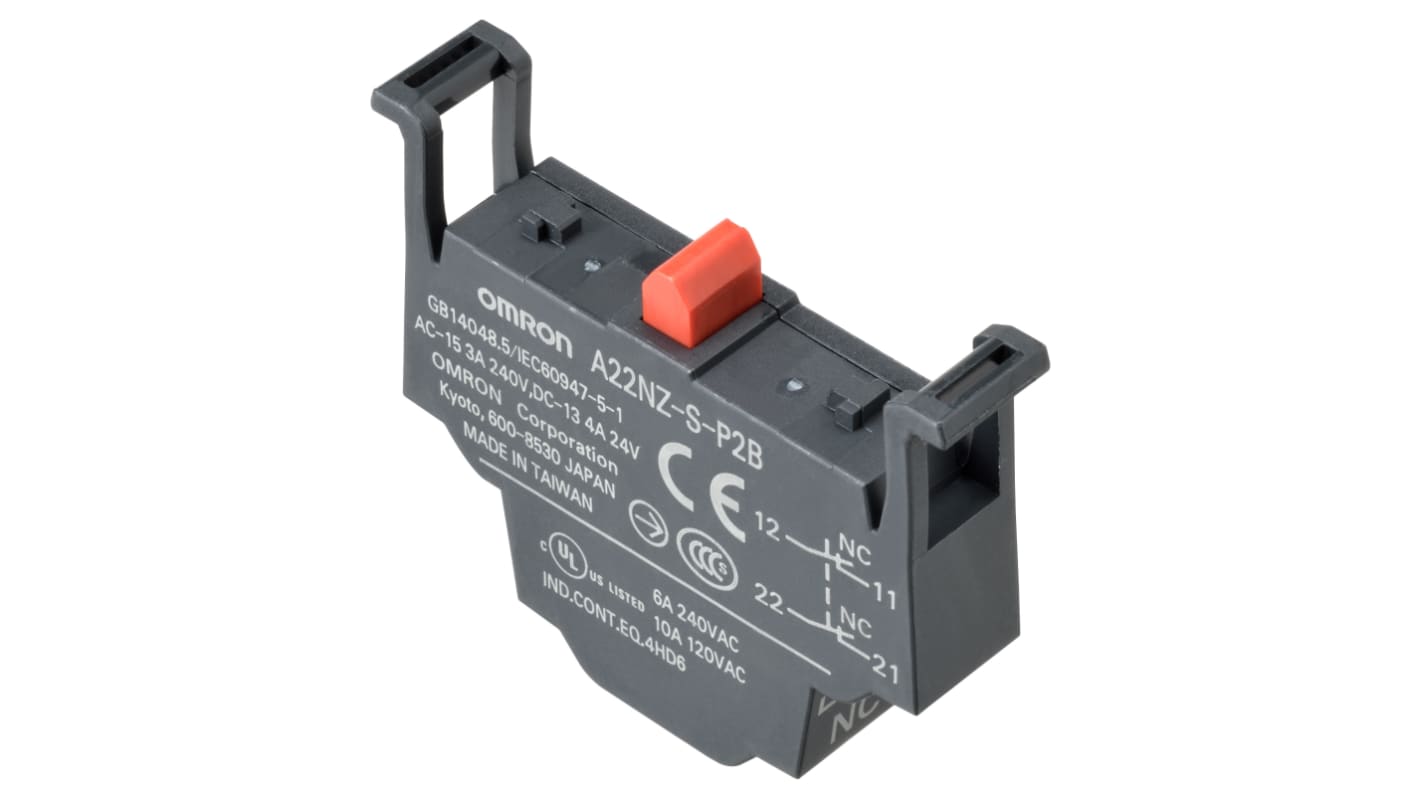 Blocco contatti Omron A22NZ-S-P2B, 2NC, 240V, configurazione DPST-NC, grado di protezione IP66.