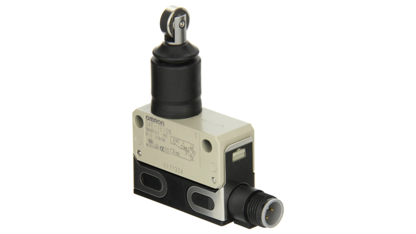 Interruttore di fine corsa Omron D4E1E10N, tasto a rotella, protezione IP67, corrente 5A, design compatto e azione rapida.