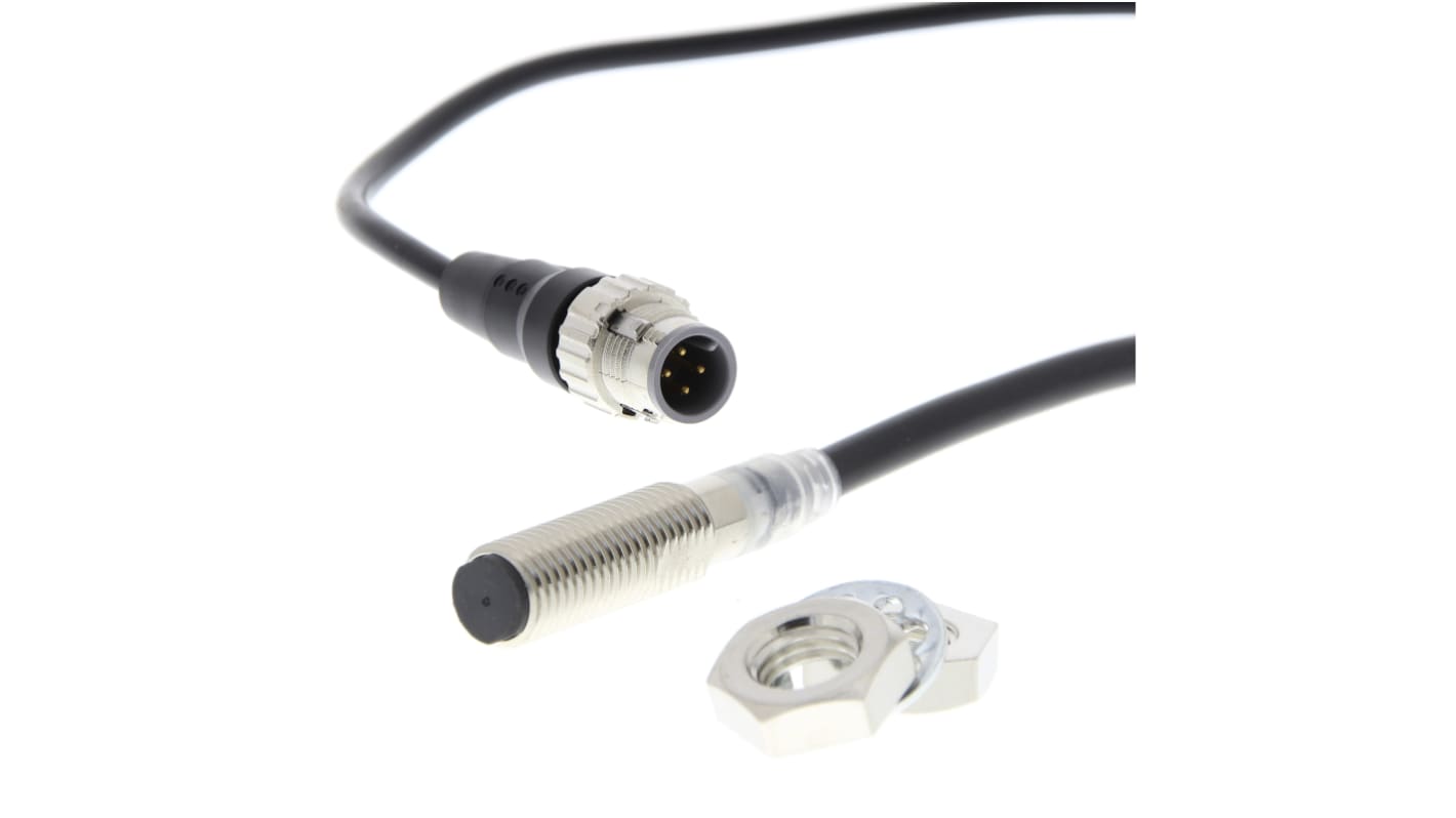 Sensore di prossimità cilindrico PNP Omron E2E-X4B1T8-M1TJ 0.3M, rilevamento 4 mm, alimentazione 10-30 V c.c., grado di protezione IP67.