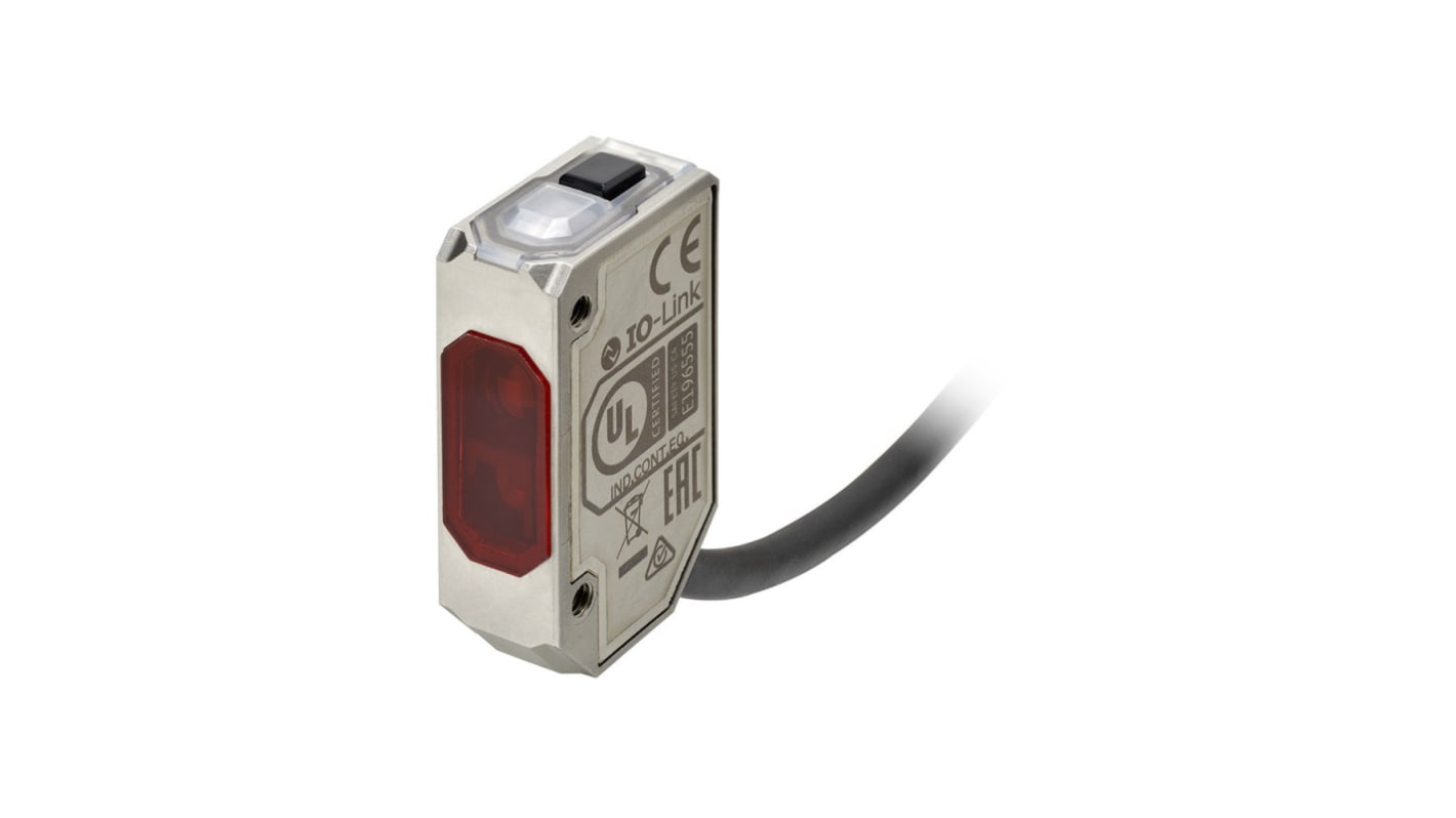 Omron E3AS-L200MT 2M, sensore fotoelettrico compatto con rilevamento fino a 200 mm, uscita PNP, grado di protezione IP67.