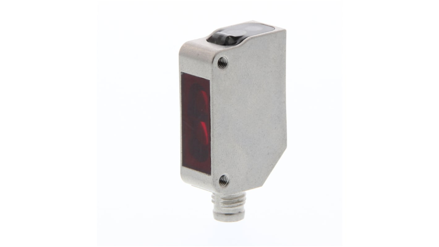Sensore fotoelettrico Omron E3ZM-LS86H, rilevamento a 100 mm, uscita PNP, grado di protezione IP67, connettore M8 a 4 pin.