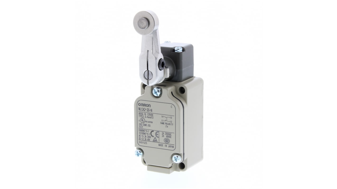 Interruttore di fine corsa Omron WLCA2-2NG-N, in acciaio inox, grado di protezione IP67, attivazione con leva a rotella.