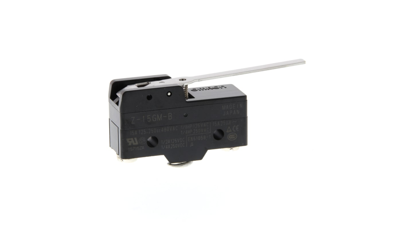 Interruttore di fine corsa Omron Z-15GM-B con leva a rotella, configurazione SPDT, corrente 15A, tensione 500V.