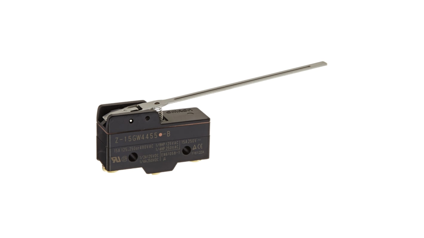 Interruttore di fine corsa Omron Z-15GW4455-B con leva lunga, configurazione SPDT, corrente 15A, tensione 500V, grado di protezione IP62.