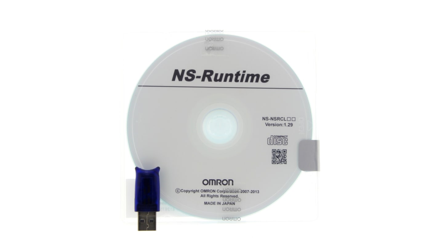 Licenza software Omron NS-NSRCL1 per serie NS, include chiave di licenza, dongle USB e CD di installazione.