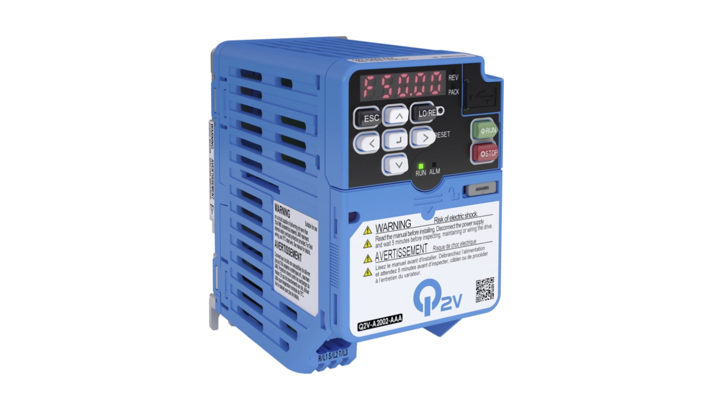 Inverter trifase Omron Q2V-A2002-AAA, potenza 0.25 kW, tensione 230 V, grado di protezione IP20, compatibile con vari protocolli.