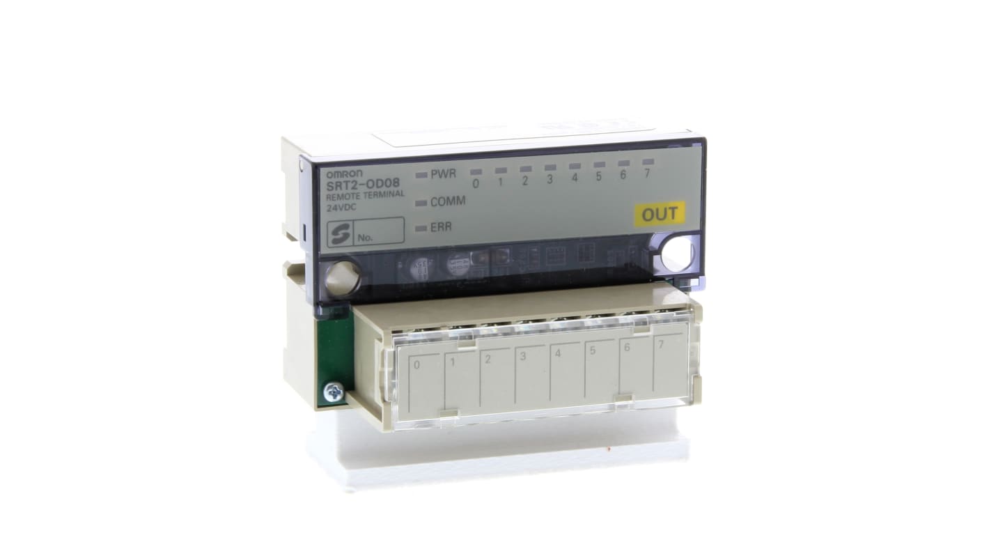 Morsettiera Omron SRT2-OD08 per CompoBus, supporta comunicazioni fino a 750 kbps e distanze di 500 m. Corrente massima 6 mA.