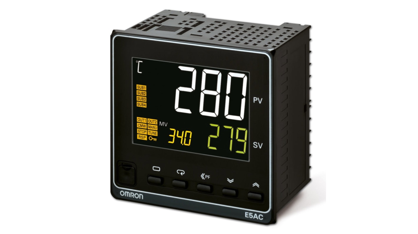 Termoregolatore PID Omron E5AC-QX4A5M-000, 96 x 96 mm, 100-240 V c.a., montaggio a pannello, 4 uscite SSR.