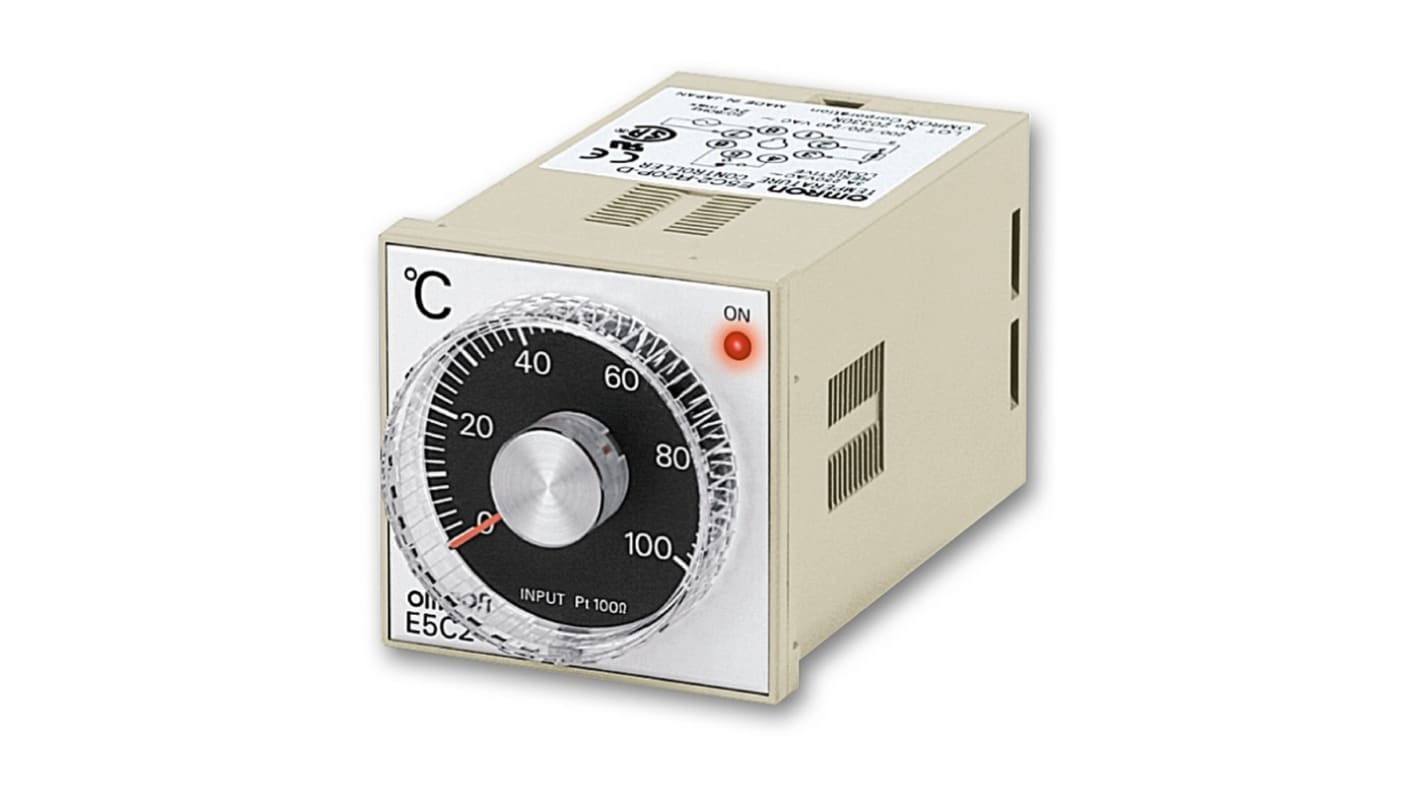 Termoregolatore PID Omron E5C2-R20J, alimentazione 100-240VAC, montaggio a pannello, dimensioni 48x48 mm, 4 uscite relè.