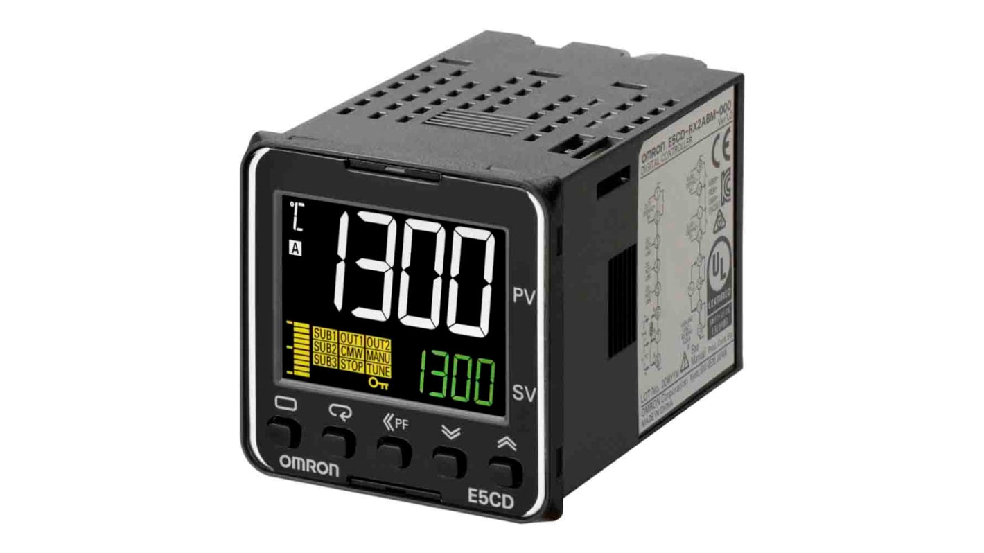 Omron E5CD-CX2DBM-004, controller per termoregolazione 48x48 mm, 2 ingressi/uscite analogiche 4-20 mA, montaggio a pannello.