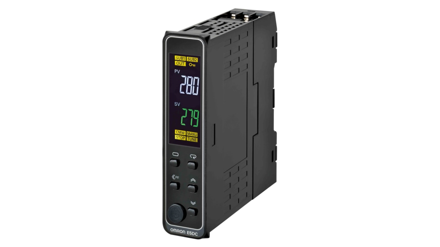 Termoregolatore PID Omron E5DC-QX0ASM-015, compatto 22.5 mm, alimentazione 100-240 V, montaggio su guida DIN, display bianco 10,5 mm.