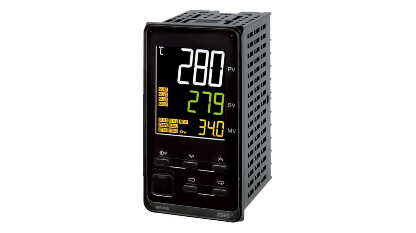 Termoregolatore PID Omron E5EC-RX4D5M-010, 24 V, 96 x 48 mm, montaggio a pannello, 4 uscite relè, display bianco.