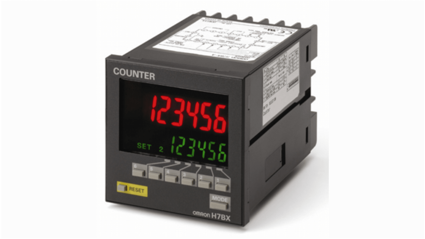 Contatore multifunzione Omron H7BX-A con display LCD retroilluminato, 240 V c.a., dimensioni 72x72 mm, grado di protezione IP54.