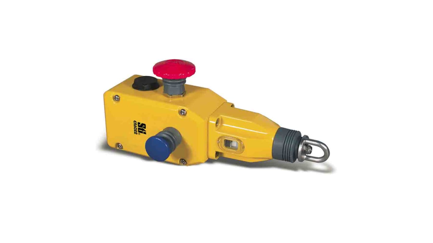 Interruttore a fune Omron ER6022, 2NC/1NA, cavo 80m, segnalatore 24V, IP67, alluminio, dimensioni 63x86x222mm.